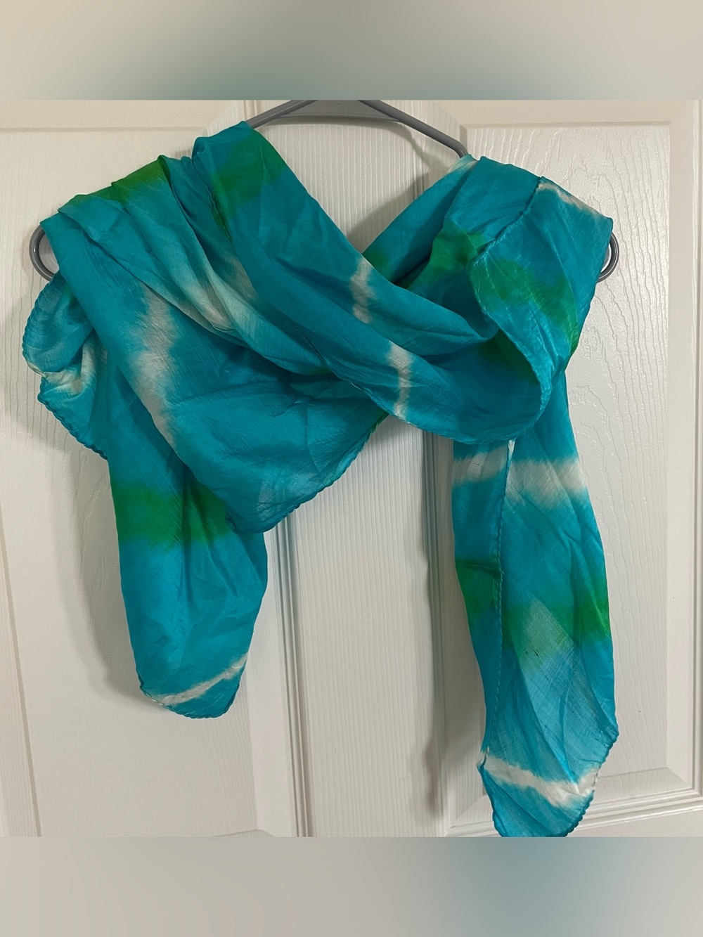 100% Silk Blue Fashion Scarf with Green and White Squiggles 34 in x 32 in